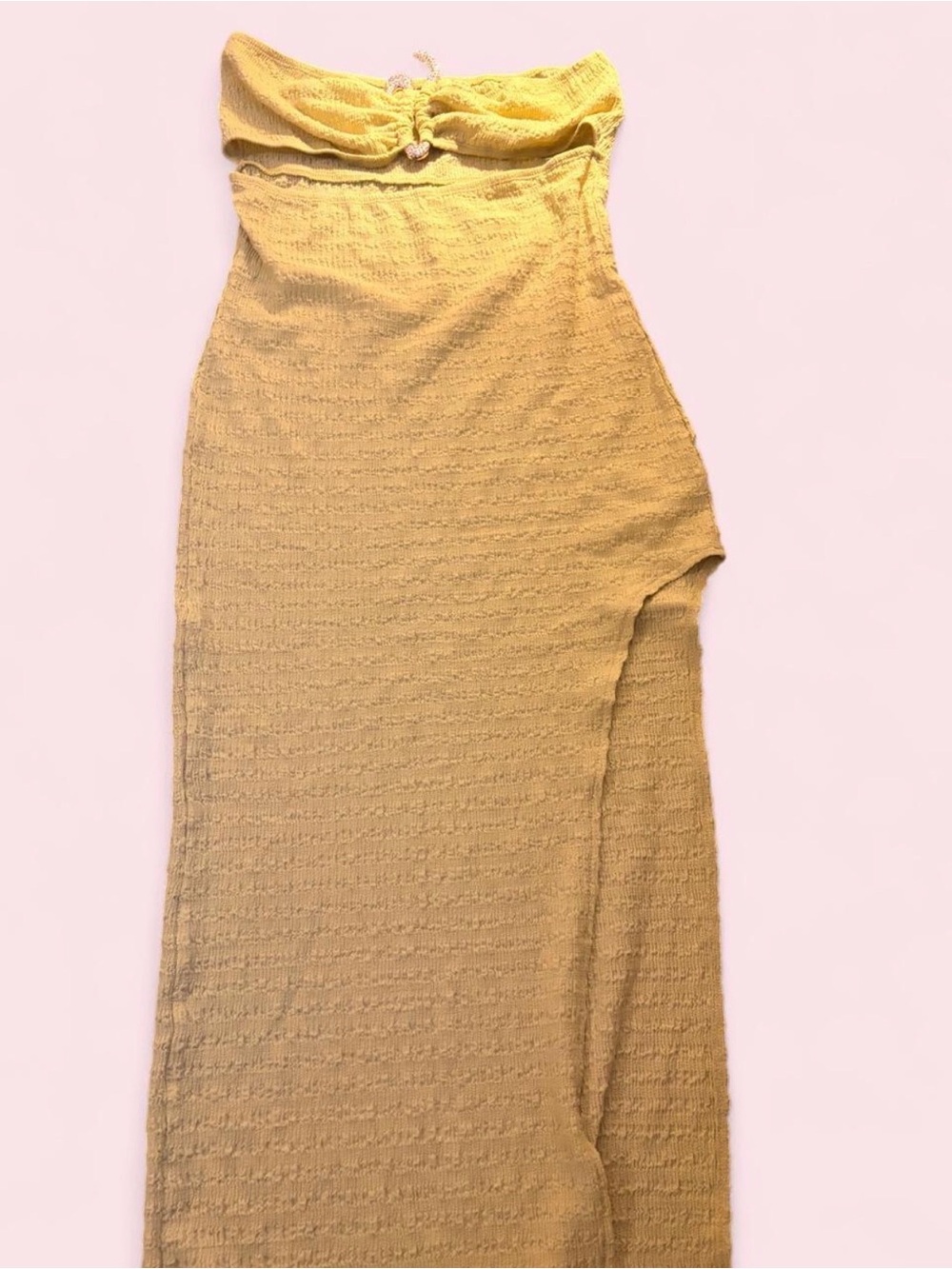 Strapless Yellow Cropped Maxi Dress with Bejeweled Embellishment